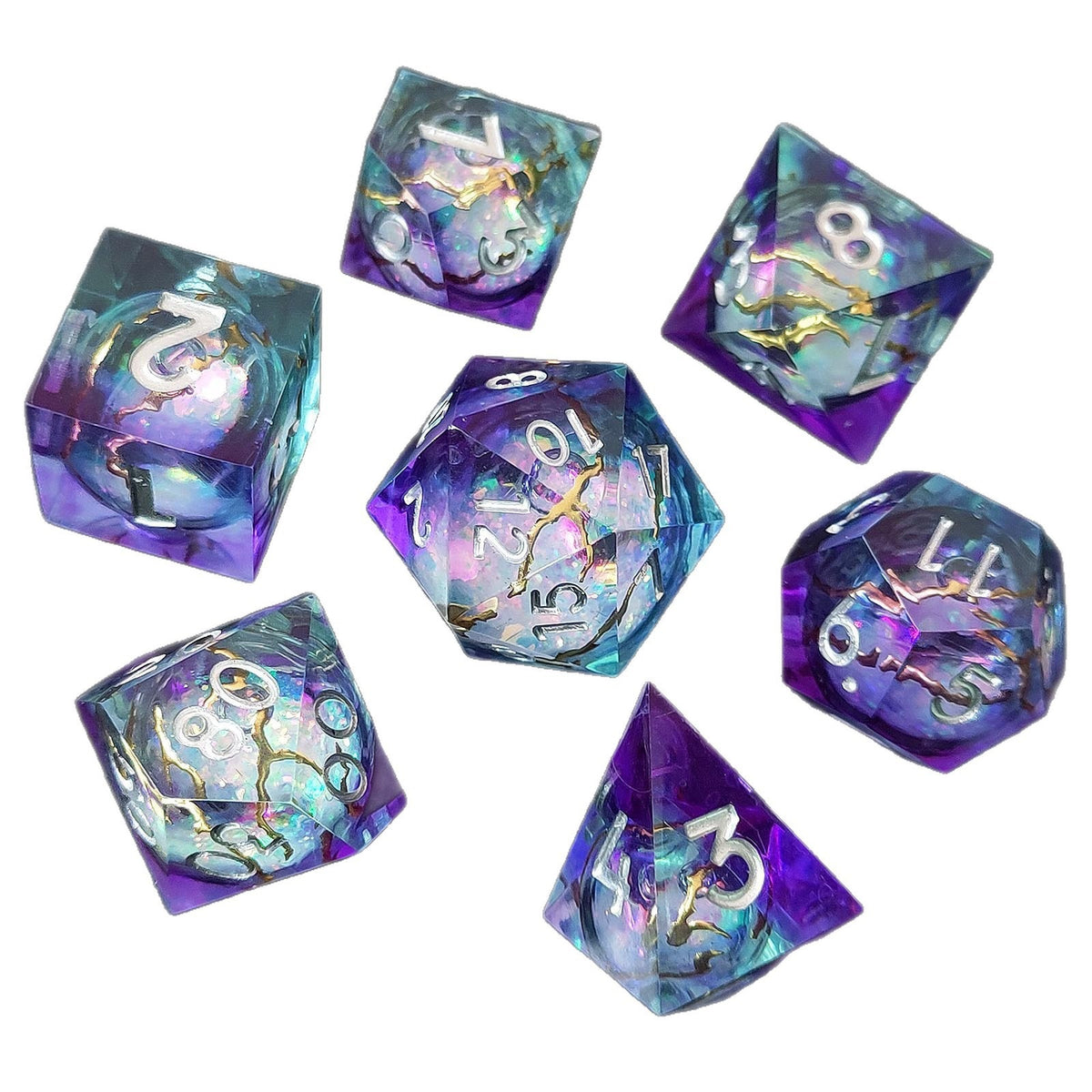 Astral Rift 7-piece liquid core resin RPG dice set with white numerals on a white background.