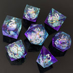 Angled view of the Astral Rift liquid core resin dice showing purple, aqua, and gold-rift details.