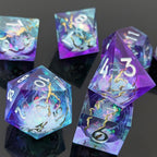 Close-up of Astral Rift liquid core RPG dice with white numerals and shifting iridescent cores.